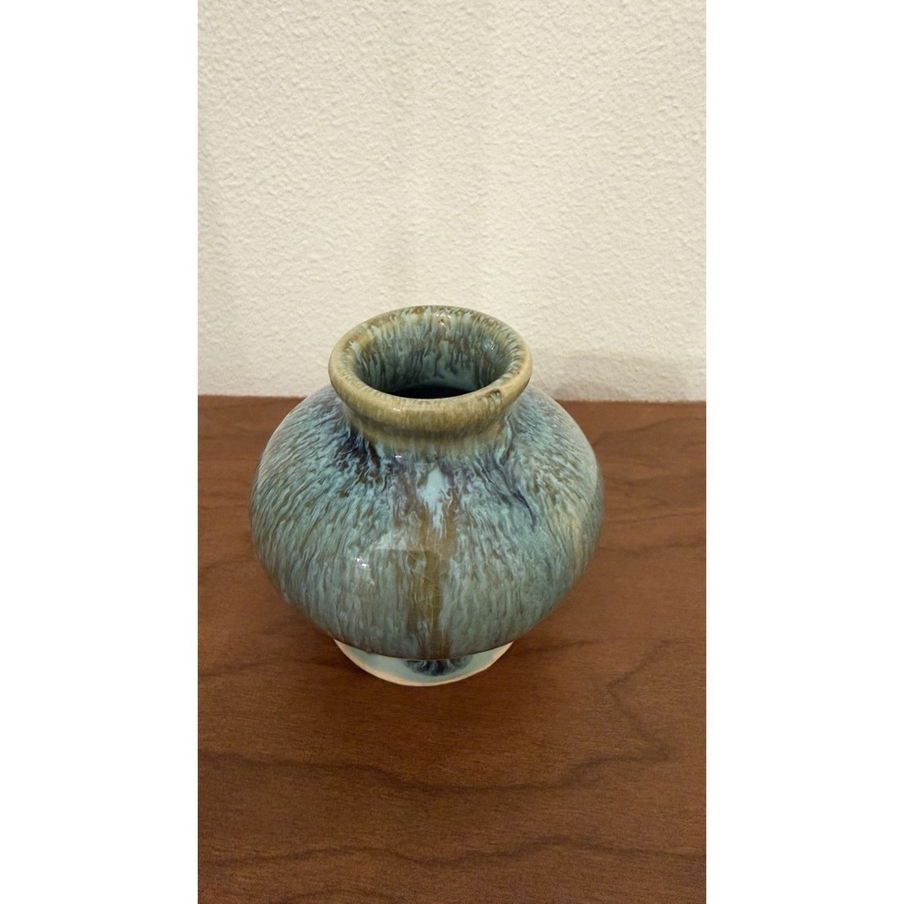 Vintage Studio Pottery Stoneware Vase Signed AMB 2.5 Inch Blue Green Glaze